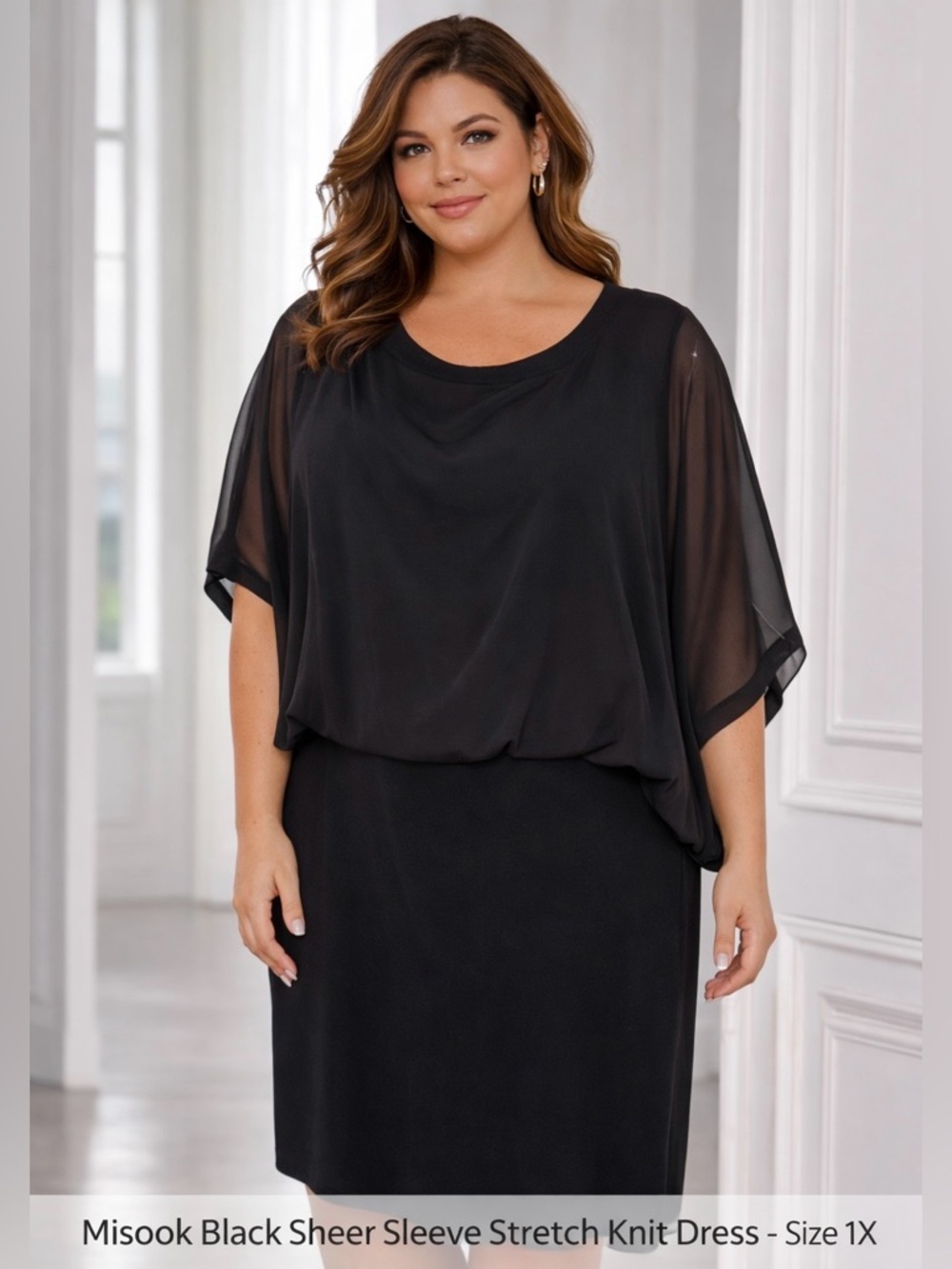 Misook Elegant Black Sheer Sleeve Dress